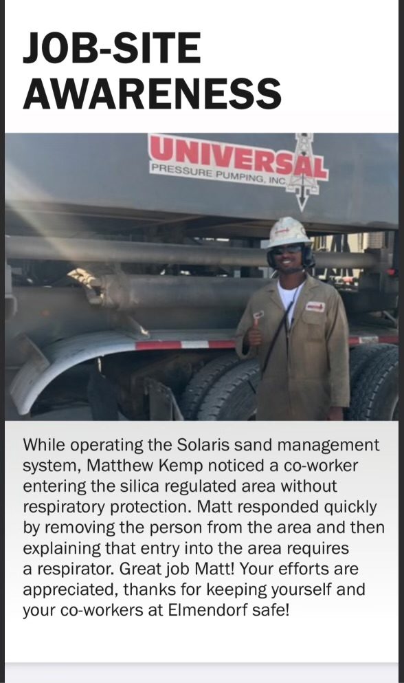 Page from the Universal Pressure Pumping company magazine titled Job-Site Awareness, showing Matthew Kemp beside a sand unit, with a note thanking him for stopping a co-worker from entering the silica regulated area without a respirator at Elmendorf.
